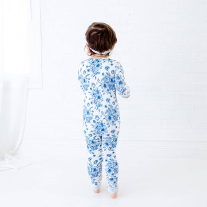 Something Blue Toile Damask Floral Bamboo Baby Pajamas Ruffle Convertible Footie {RTS}
