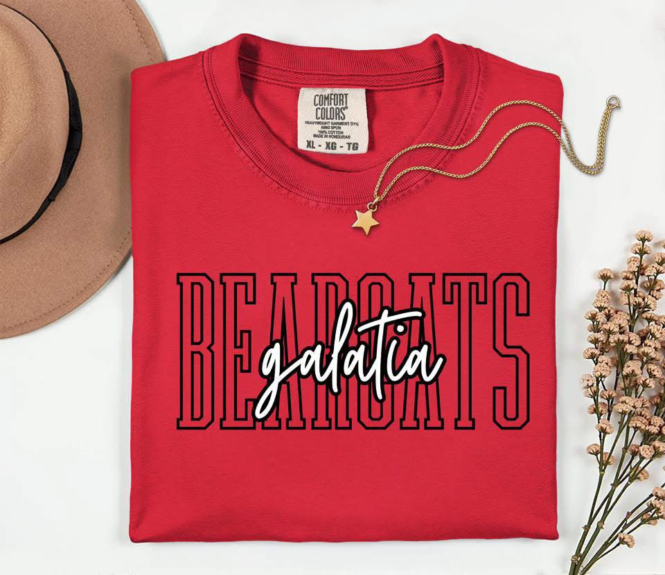Pre-Order: School Spirit Mascot Tee Galatia Bearcats on red