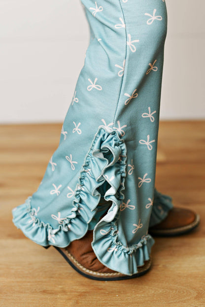 Ready to Ship: Kids Lucy Teal & Pink Bow Hooded Ruffle Pocket Lounge Set