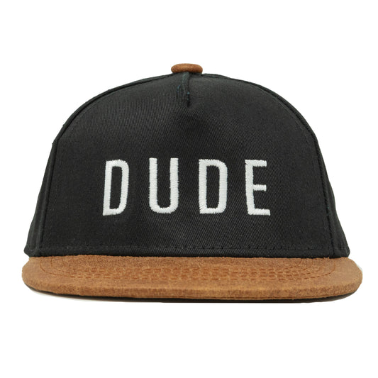 Ready to Ship: Flat Brim Trucker Hat - Dude - Black/Faux Leather