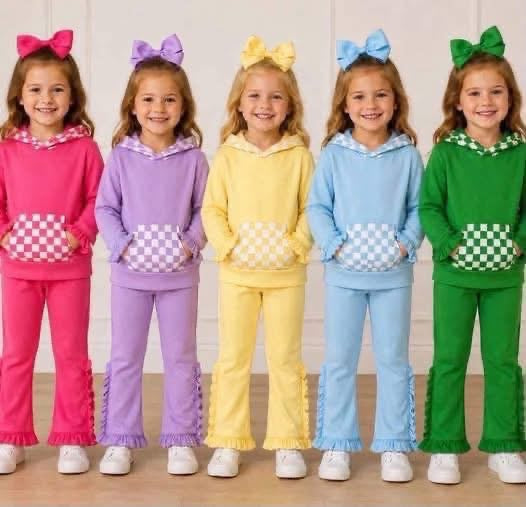 Pre-Order: Checkered Accent Hooded Top & Ruffle Flare Set