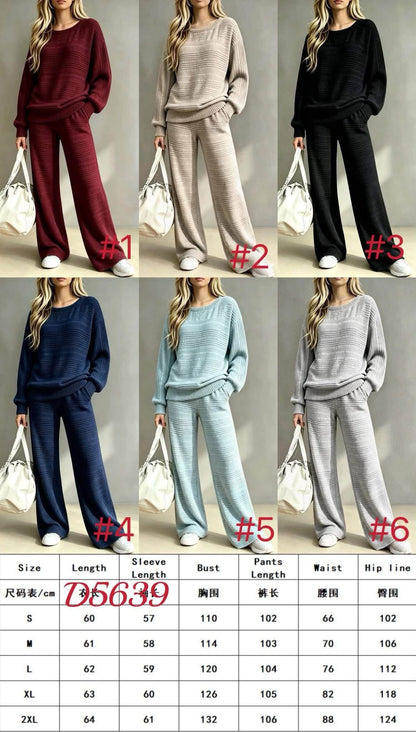 Pre-Order: Knit Ribbed Long Sleeve Top & Wide Leg Pants Set