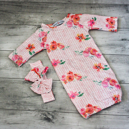 Infant Girls Peach Rose Baby Gown and Bow Headband