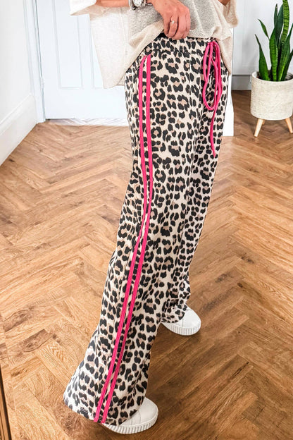 Ready to Ship: Contrast Detail Tie Waist Leopard Print Casual Pants