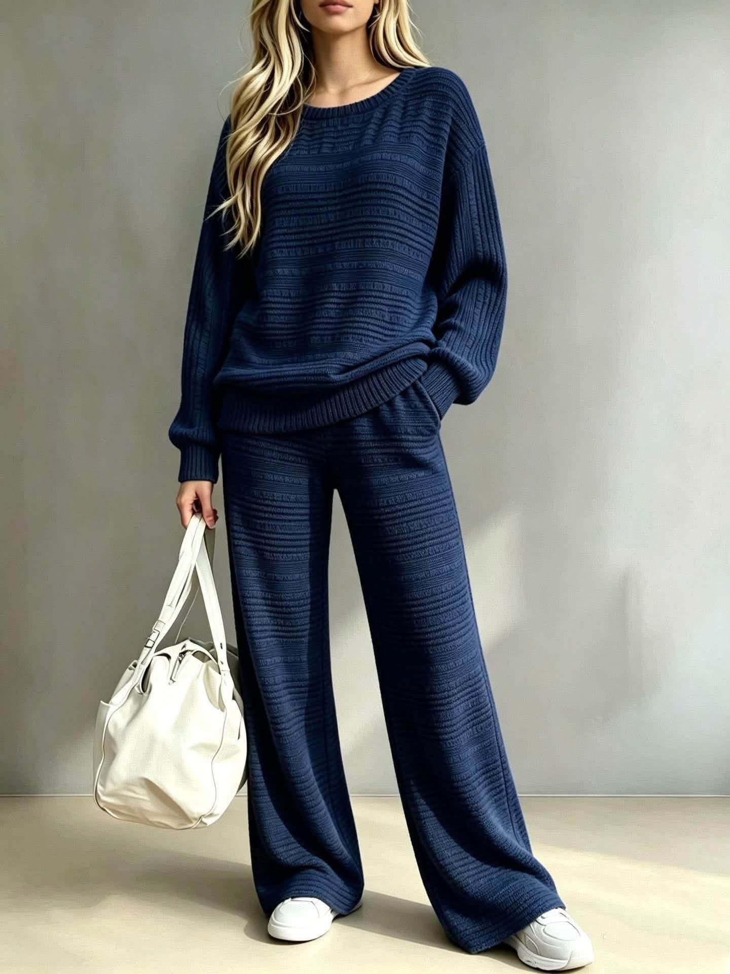 Pre-Order: Knit Ribbed Long Sleeve Top & Wide Leg Pants Set