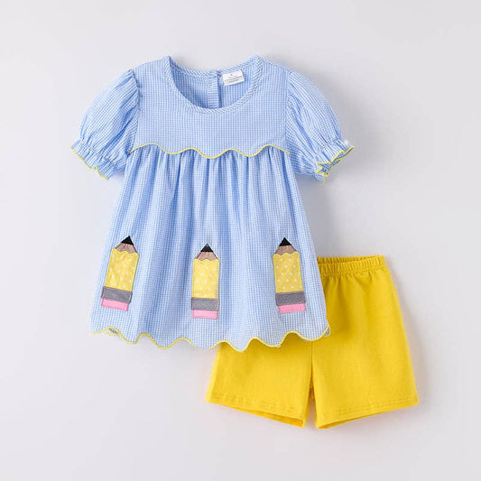 Ready to Ship: Girls Yellow Blue Back To School Pencil Applique Short Set