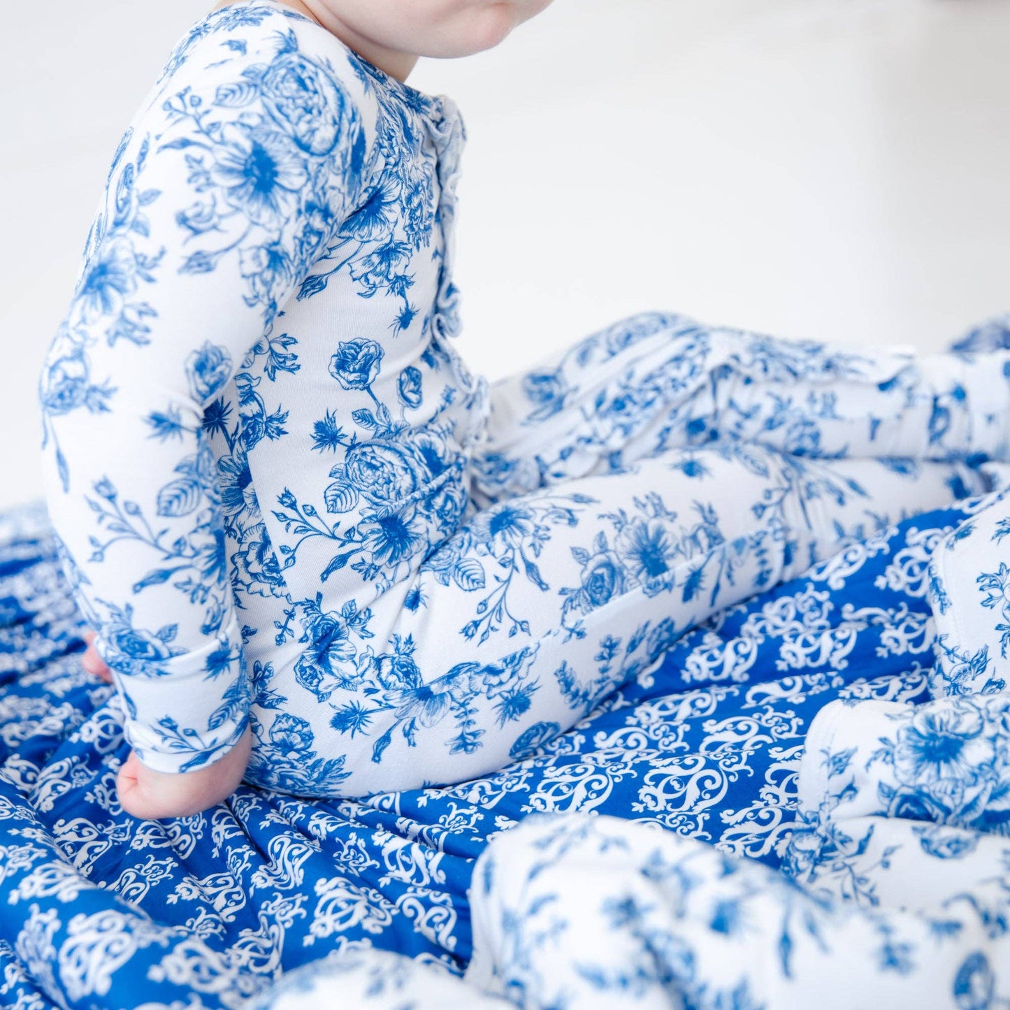 Something Blue Toile Damask Floral Bamboo Baby Pajamas Ruffle Convertible Footie {RTS}