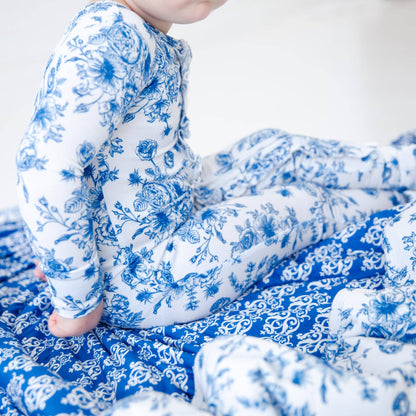 Something Blue Toile Damask Floral Bamboo Baby Pajamas Ruffle Convertible Footie {RTS}