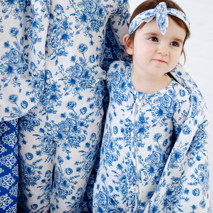 Something Blue Toile Damask Floral Bamboo Baby Pajamas Ruffle Convertible Footie {RTS}