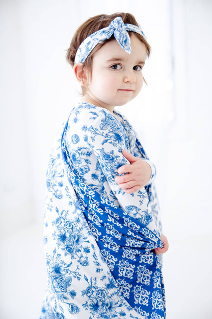 Something Blue Toile Damask Floral Bamboo Baby Pajamas Ruffle Convertible Footie {RTS}