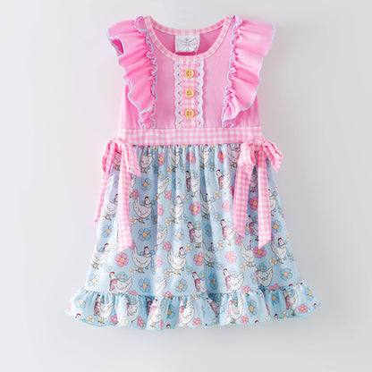 Ready To Ship: Pink Chicken & Floral Ruffle Dress - Salt Threads
