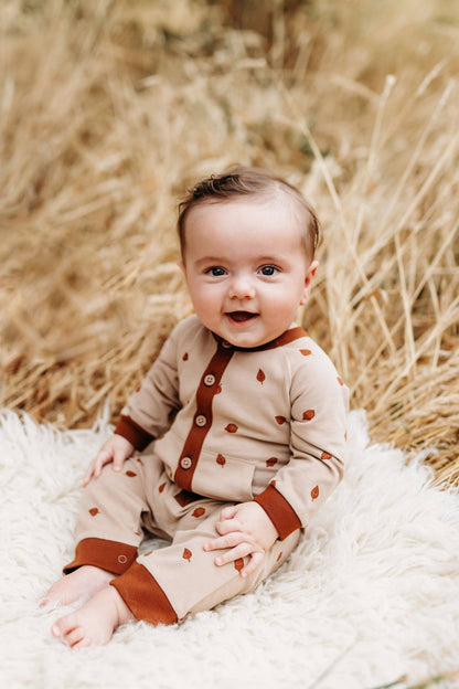 Raglan Long Leg Romper- Pecan Acorns