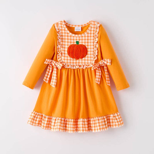 Ready to Ship: Girls Halloween Pumpkin Chenille Patches Orange Long Sleeves Dress
