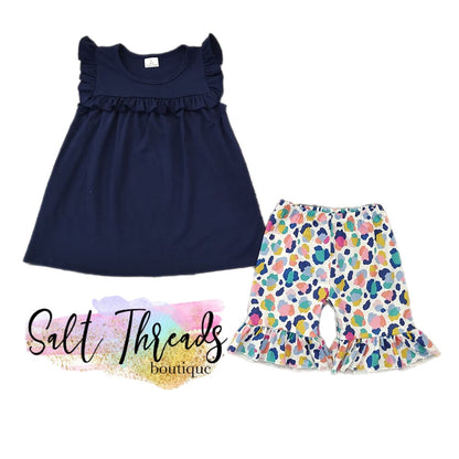 Navy Pearl and Color Leopard Shorts set {Ready to Ship}