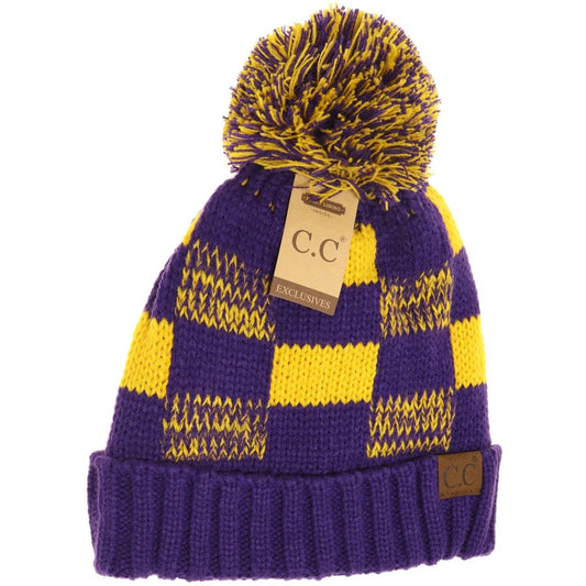 Fuzzy Lined Purple/Gold Buffalo Check Print C.C. Pom Beanie