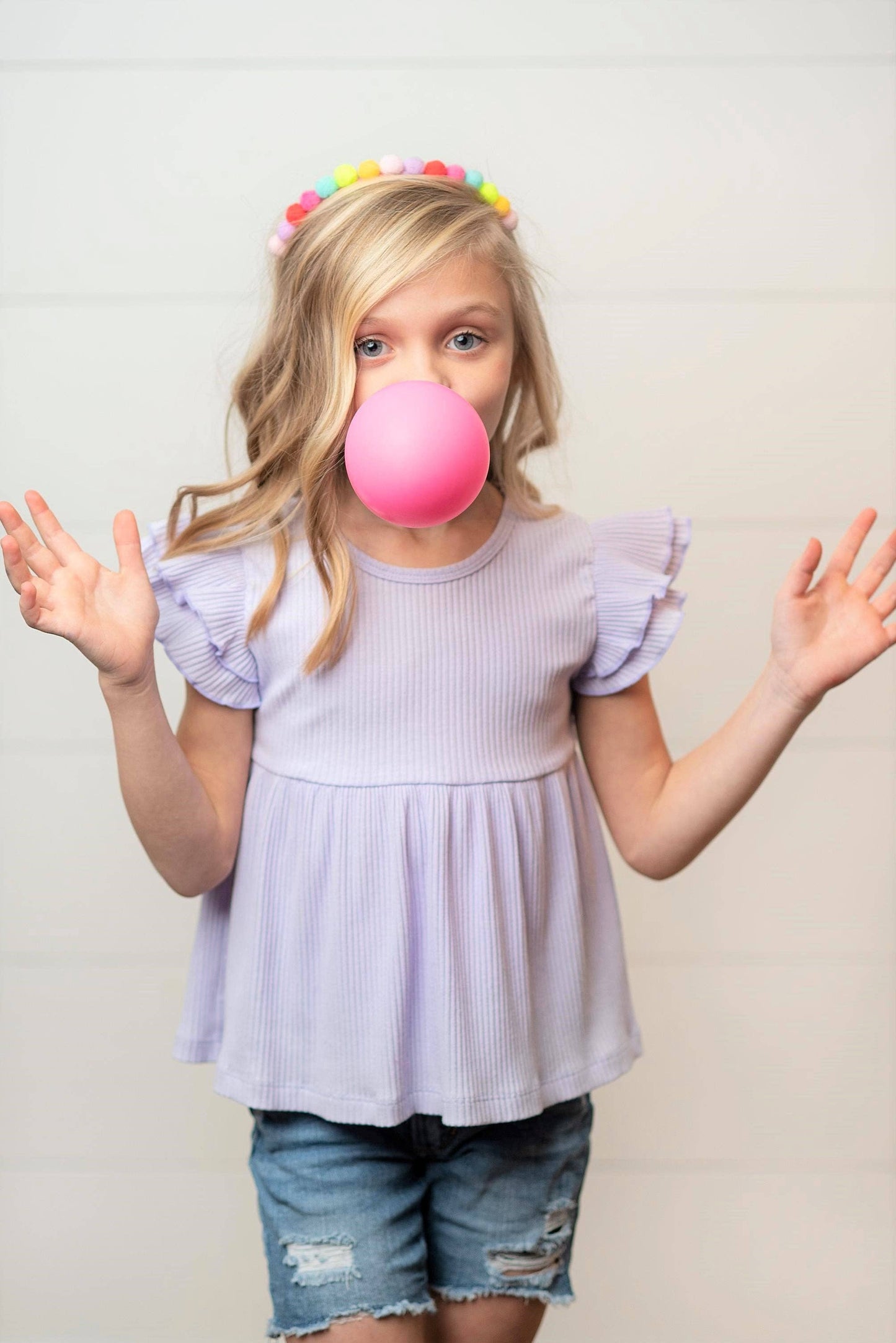 Kids Lavender Double Ruffle Flutter Sleeve Spring Shirt