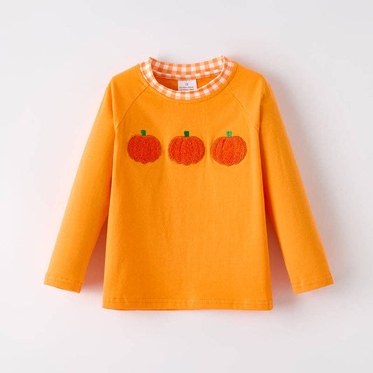 Boys Halloween Pumpkin Chenille Patches Orange Long Sleeves Top