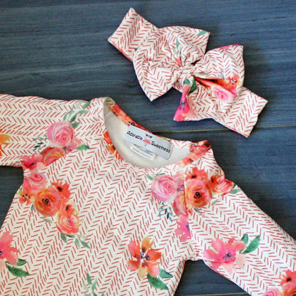 Infant Girls Peach Rose Baby Gown and Bow Headband