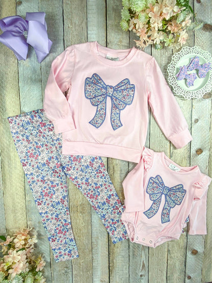 Ready to Ship: Purple Bow Applique with Floral Leggings Set