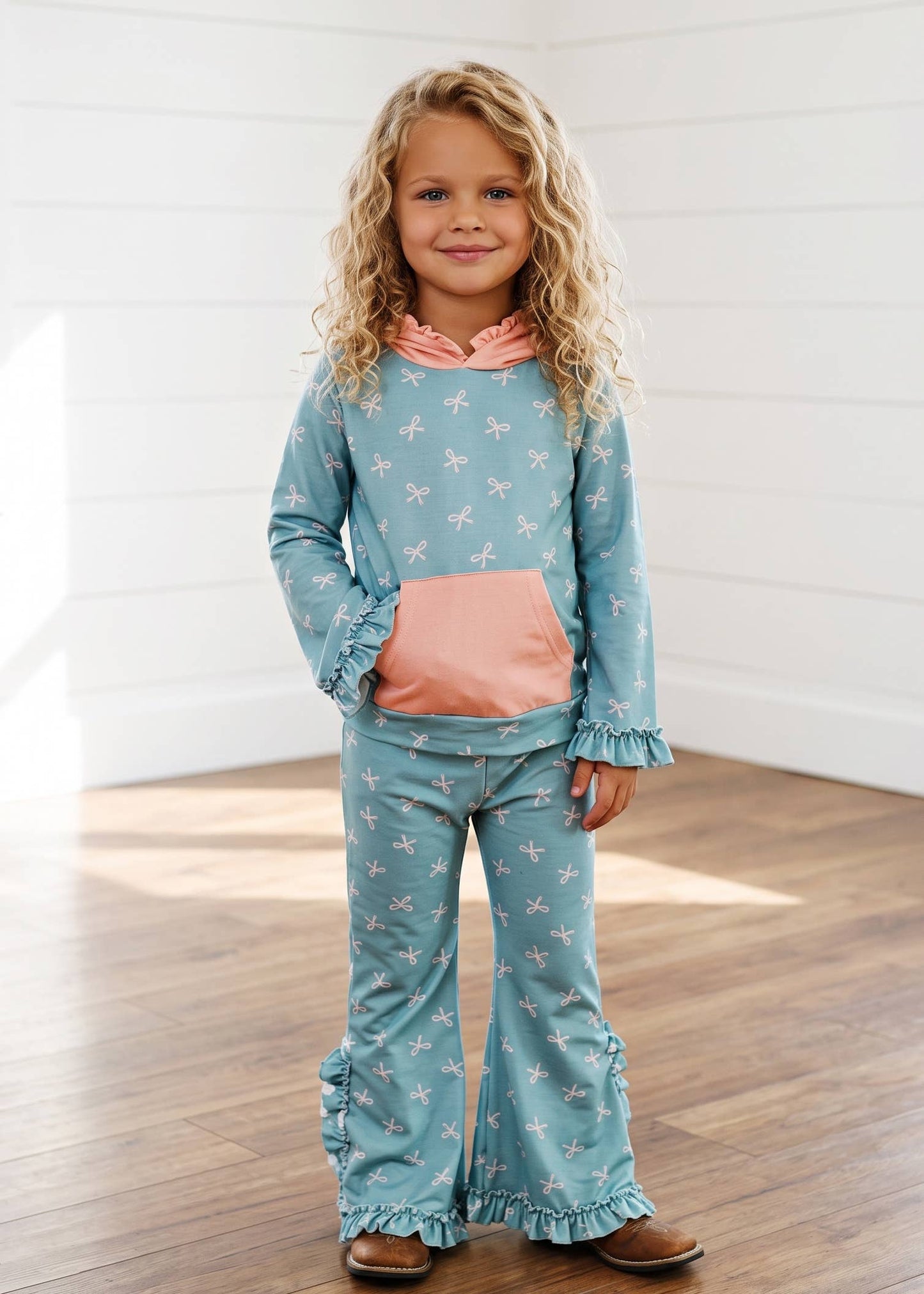 Ready to Ship: Kids Lucy Teal & Pink Bow Hooded Ruffle Pocket Lounge Set