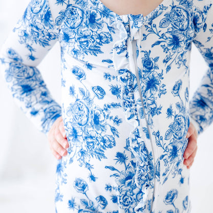 Something Blue Toile Damask Floral Bamboo Baby Pajamas Ruffle Convertible Footie {RTS}