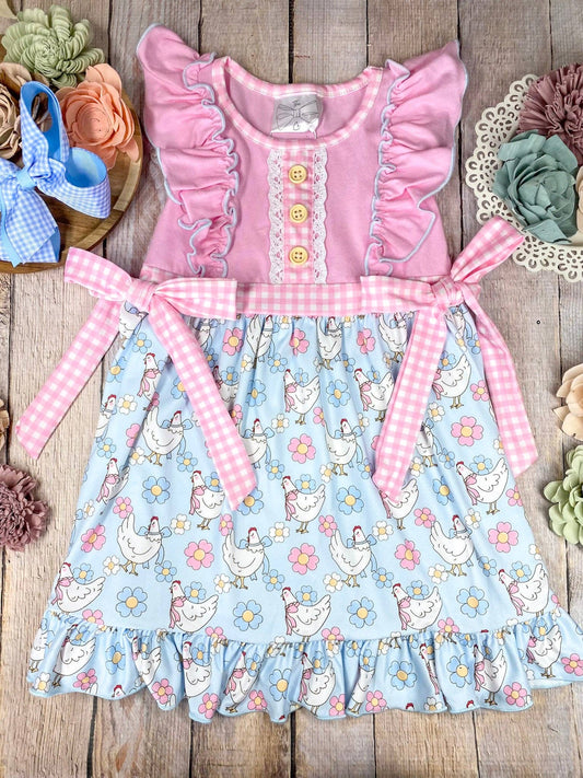 Ready To Ship: Pink Chicken & Floral Ruffle Dress - Salt Threads