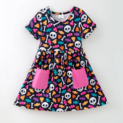 Ready to Ship: 1Girls Halloween Skull Hot Pink Pocket Short Sleeves Dress