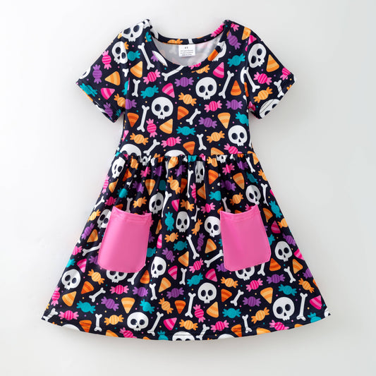 Ready to Ship: 1Girls Halloween Skull Hot Pink Pocket Short Sleeves Dress