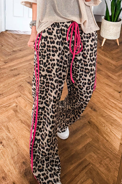 Ready to Ship: Contrast Detail Tie Waist Leopard Print Casual Pants