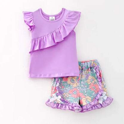 Girls Summer Lavender Floral Ruffled Short Set {RTS}