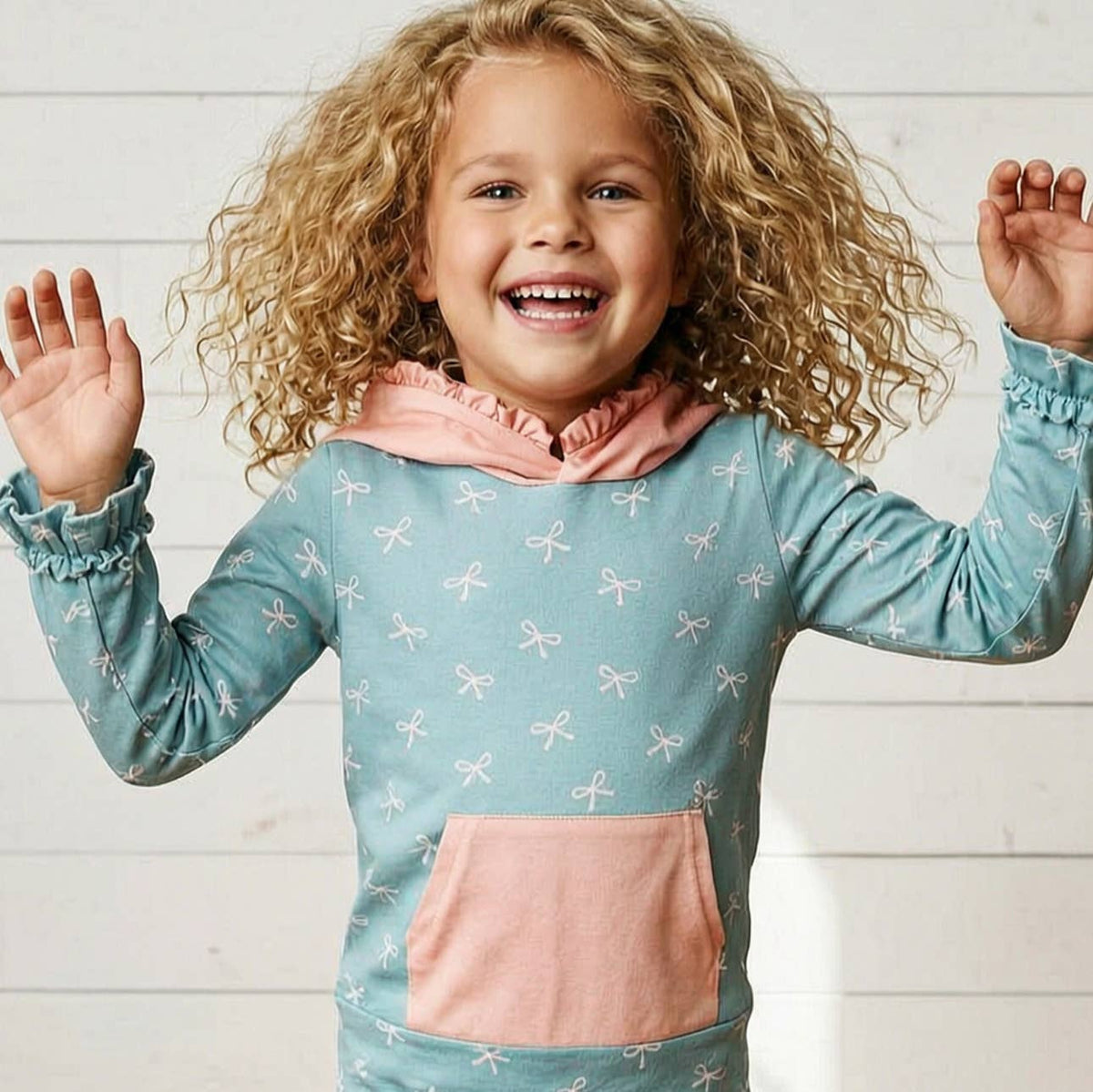 Ready to Ship: Kids Lucy Teal & Pink Bow Hooded Ruffle Pocket Lounge Set
