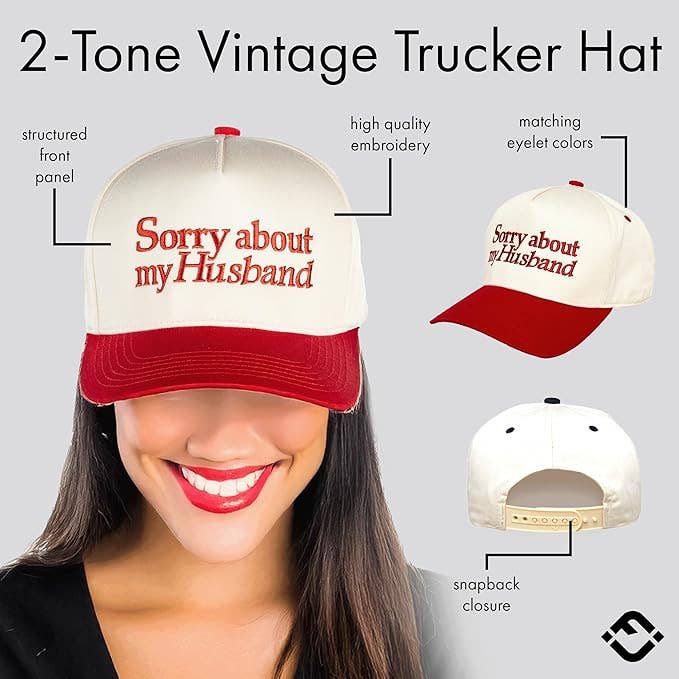 Ready to Ship: Two Tone Cap -  Sorry About My Husband - Beige/Red - Salt Threads