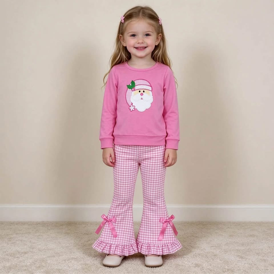 Pre-Order: Pink Santa Long Sleeve Top & Ruffled Flare Set