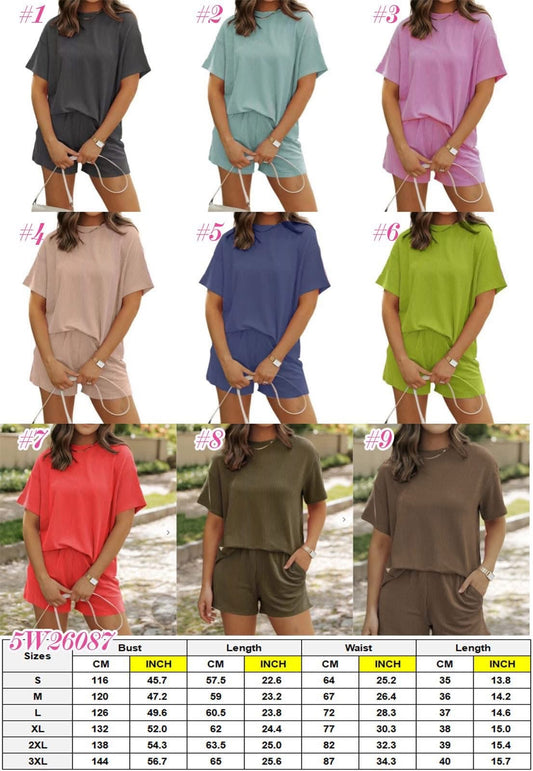 Pre-Order: Women's Ribbed Tshirt and Shorts Causual Set