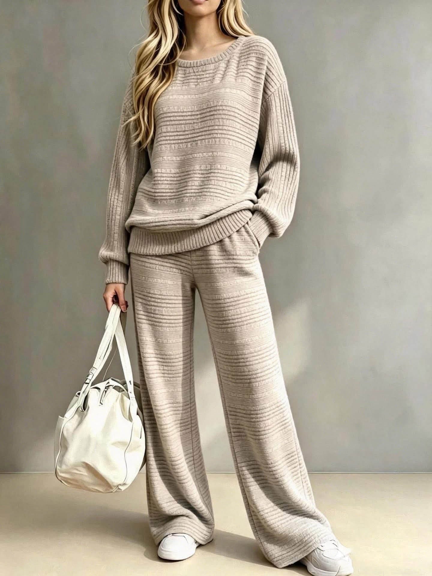 Pre-Order: Knit Ribbed Long Sleeve Top & Wide Leg Pants Set