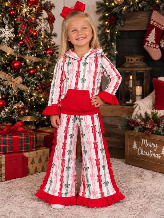 Pre-Order: Floral Bow Christmas Hoodie & Ruffles Flares Set
