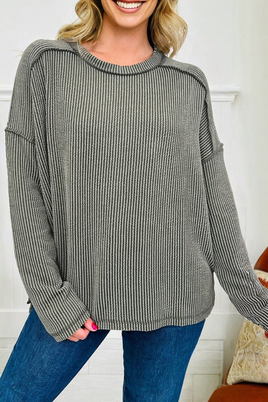 Ready to Ship: Ribbed Exposed Seam Long Sleeve Top