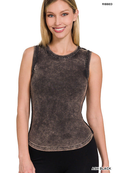 MINERAL WASHED RIBBED SLEEVELESS TANK TOP WITH EXPOSED SEAM {Ready to Ship}