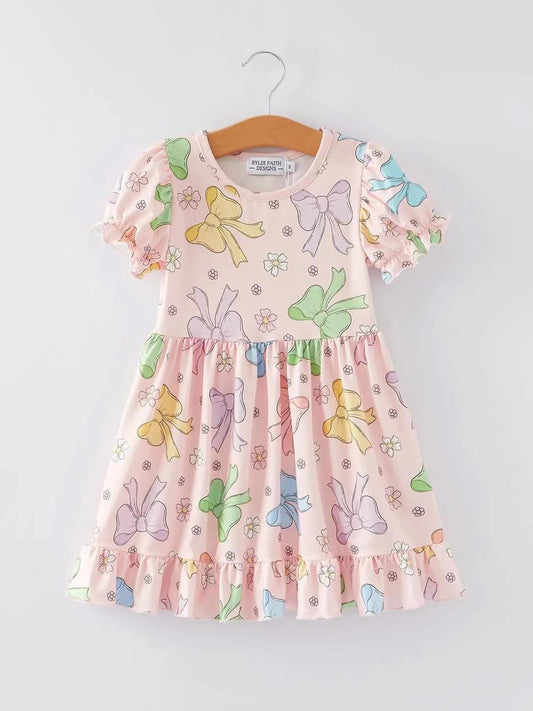Colorful Bow Print Ruffle Dress {RTS}