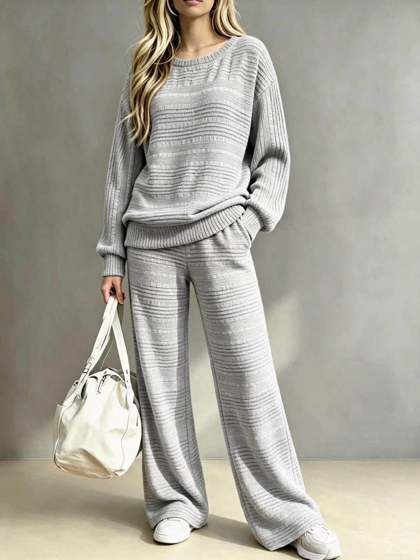 Pre-Order: Knit Ribbed Long Sleeve Top & Wide Leg Pants Set