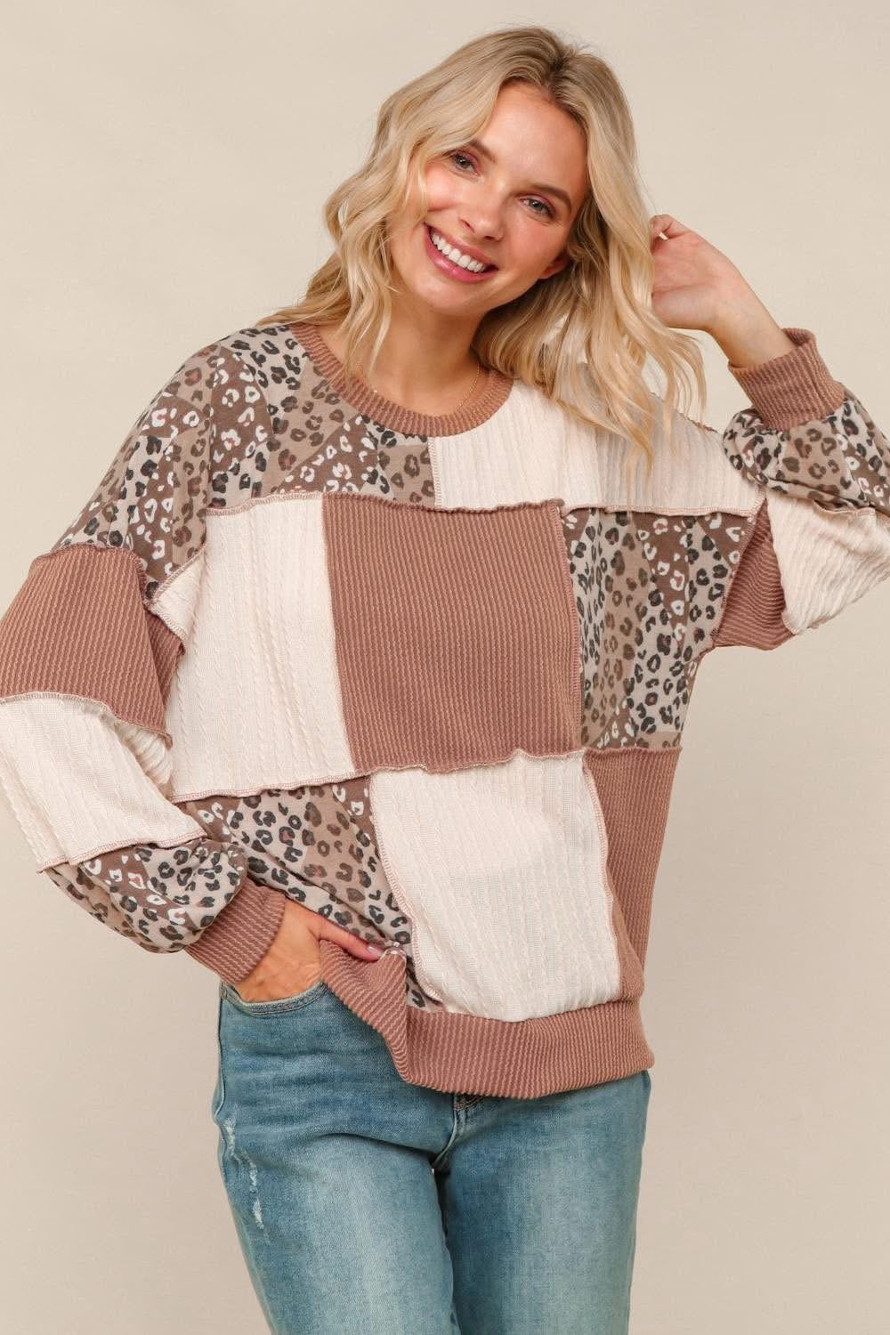 Pre-Order: Haptics Rib Cable Knit Leopard Pullover Top