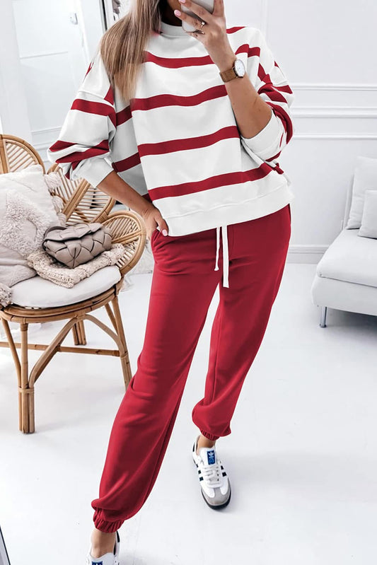 Pre-Order: RED, BLACK, or TAN Stripe Drop Shoulder Pullover & Jogger Set