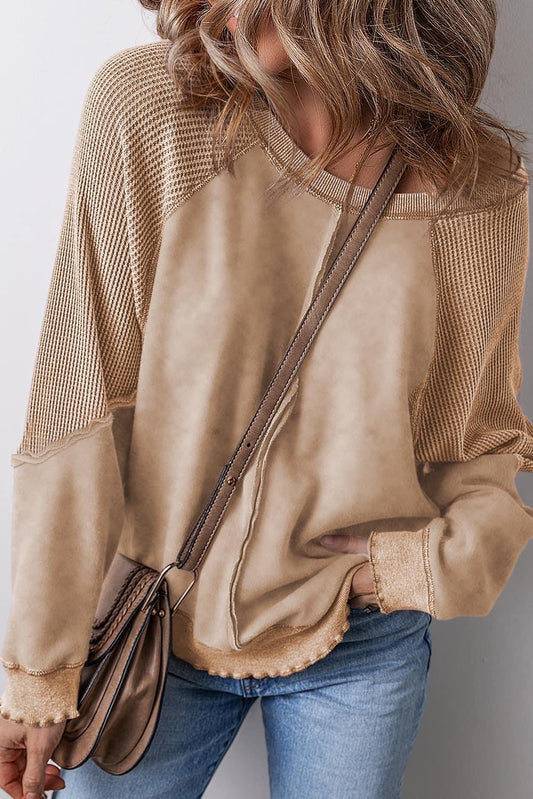 PREORDER: Waffle Knit Patchwork Raglan Sleeve Top