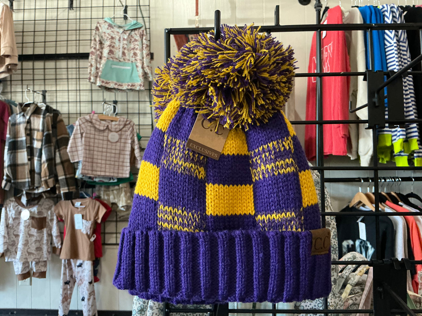 Fuzzy Lined Purple/Gold Buffalo Check Print C.C. Pom Beanie