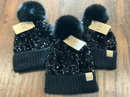 KIDS Cluster Sequin Faux Fur Pom C.C. Beanie Black