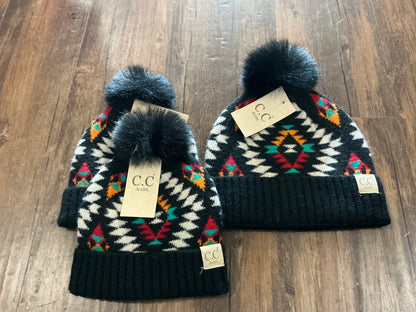 Aztec Pattern Faux Fur Pom CC Beanie - Salt Threads