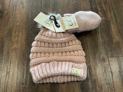 Baby Solid Knit Pom CC Beanie with Mitten Set {RTS}