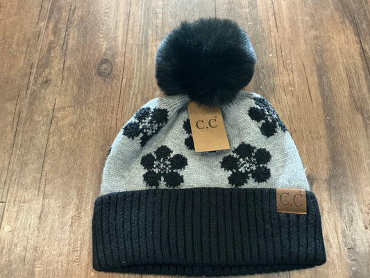 Ready to Ship: Adult Black Daisy Fur Pom CC Beanie