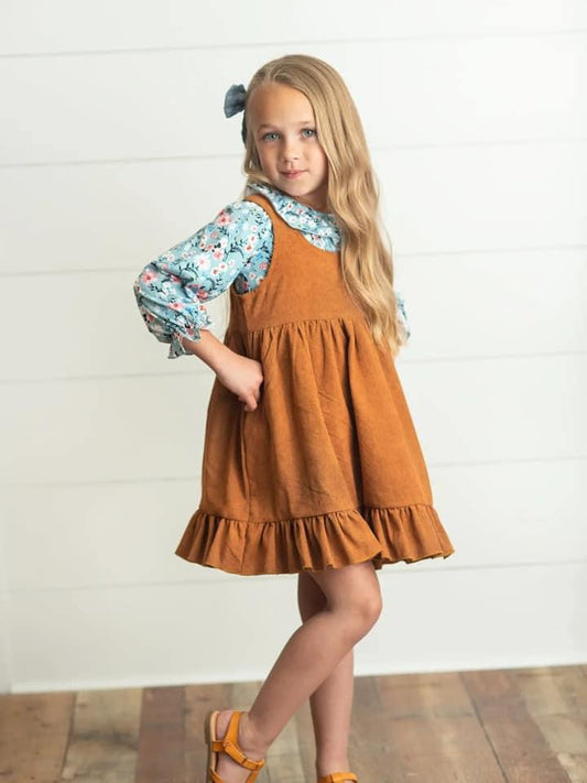 Blue floral smocked top and corded jumper set {RTS}