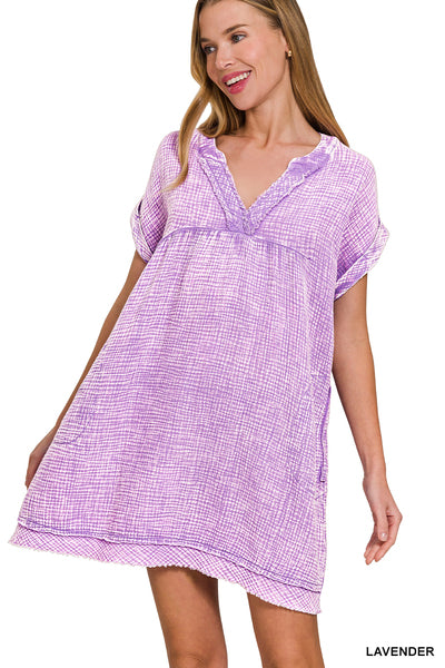 Washed Double Gauze Raw Edge VNeck Dress {RTS}
